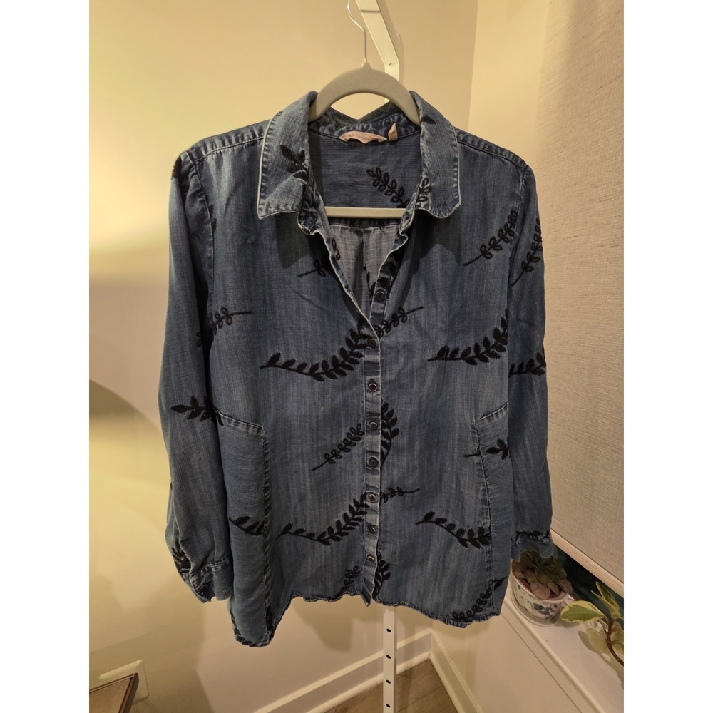 Soft Surroundings Denim Embroidered Leaf Tunic Shirt 1X Long Sleeve Button Up